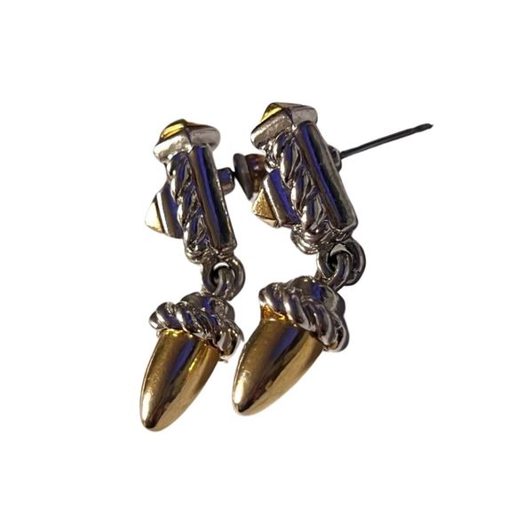 Quality High End Gold & Silver Tone Twisted Rope Design Dangle Earrings Pierced - Picture 7 of 10